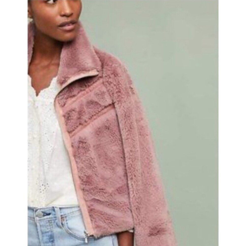Anthropologie Faux Fur Lace Chevron Bomber dusty mauve Pink Long Sleeve Jacket S - Picture 2 of 9